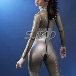 women's feshion natural latex handmade zentai suit with back zipped in pink and trasparent