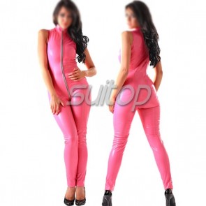 women's latex catsuit with front zip in pink sleeveness