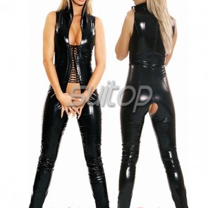 women's latex catsuit with tether and open crotch