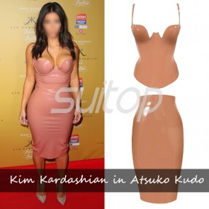Same style Kim Kardashian sexy rubber latex sun-top and tight skirt in dusty pink color for women