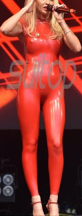 Suitop sexy rubber latex women's female's short sleeve catsuit with back zipper to waist in red color