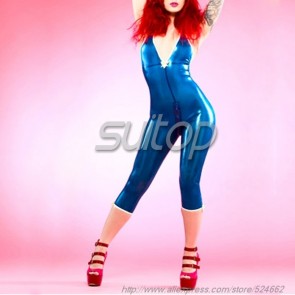 Latex catsuit with zipper for women in metallic blue color