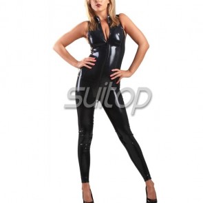 Suitop super quality 3D cutting rubber latex sleeveless catsuit with front zip in black color for women