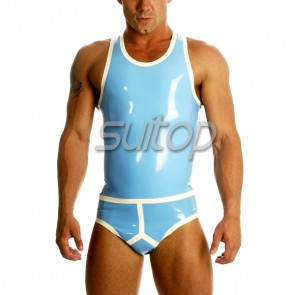 Men's latex uniforms including vest and briefs in skye blue and white trim