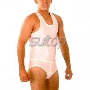 Men's latex uniforms including vest and briefs in pink and white trim