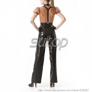 Suitop fashion women's rubber pants latex trousers with straps in black color