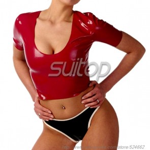 Suitop fashional women's rubber latex tight t-shirt with round neck in red color