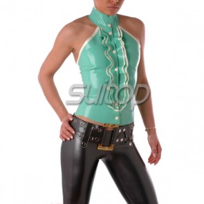 Suitop fashional women's rubber latex backless tight vest with front buttons in green with white trim color