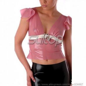 Suitop sexy women's rubber latex tight t-shirt with back zip in light pink color