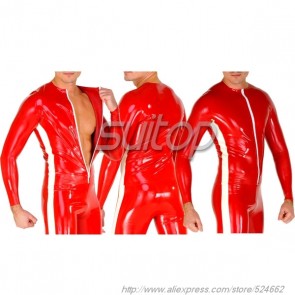 Suitop men's rubber latex classical catsuit no feet with front white zip in red color