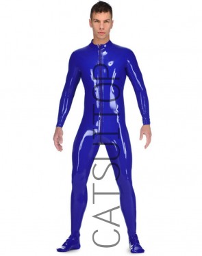 Men's latex catsuit with socks front zip through crotch in blue