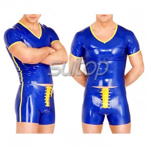 Suitop  nature latex blue shorts with front laced with yellow trim