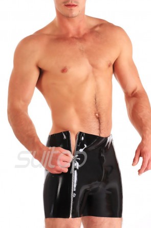 New Men's latex breeches rubber shorts with two metallic YKK zip front