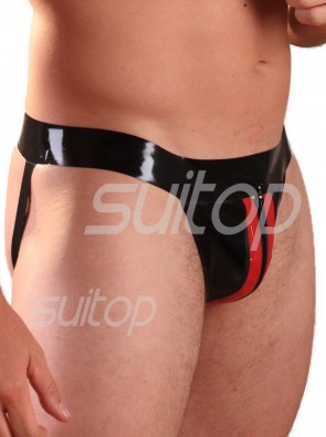 New Men's latex jockstraps rubber T-back in black and red trim with front zip