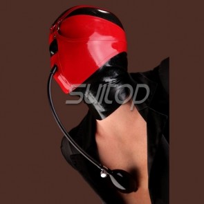 New arrival natural latex hood masks with neck attached air pump in black & red color