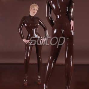 High quality rubber latex classical catsuit attahed feet with 0.6mm thickness belt in brown color for women