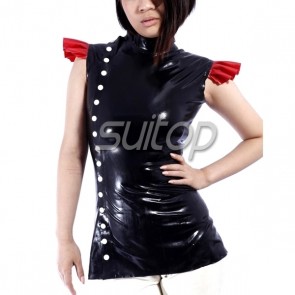 Suitop fashional women's female's rubber latex vest tops with high neck main in black color