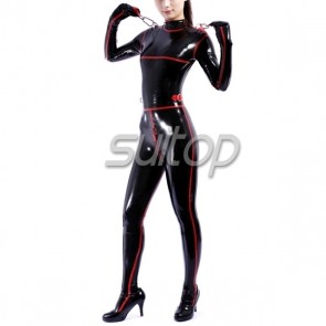 Suitop rubber latex fetish catsuit with red trim main in black color for women