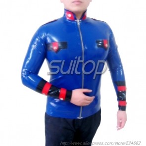 Suitop new arrival men's rubber latex tight coat with front zipper main in blue color