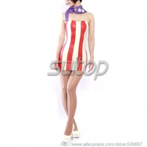Fashional natural rubber latex tube dress with white & red stripes for women