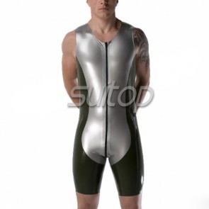 Men's rubber latex sleeveless leotard jumpsuit with front zip main in gray color