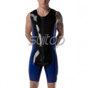 Men's rubber latex sleeveless leotard jumpsuit with blue trim main in black color