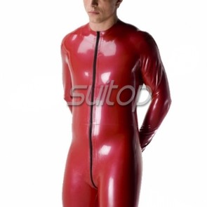 Latex glued catsuit for men red color Suitop free shipping front zip to ass 
