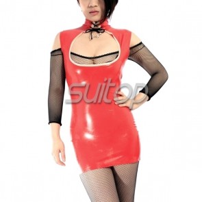 Sexy rubber latex high neck low cut mini dress in red olor for women
