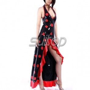 Sexy evening rubber latex halter long dress in black color with patterns in black color for female