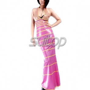 Sexy rubber latex evening halter long dress with backless in pink color for lady