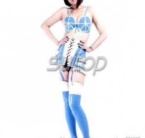 Suitop women's female's hot selling rubber latex bras,skirts and stockings main in blue and white trim color