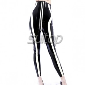 Suitop fashion women's rubber tight pants latex high-waisted trousers with crotch zip in black with white trim color