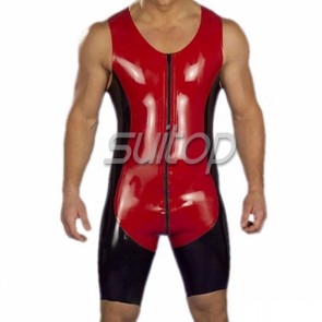 Men's rubber latex sleeveless leotard bodysuit with black trim main in red color