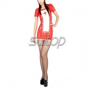 Suitop women's short sleeve rubber latex nurse uniform dress in red color