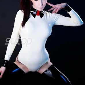 Special handmade rubber latex body & leotard with black collars in white color for lady