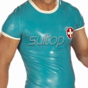 Suitop casual men's rubber latex short sleeve tight round neck t-shirt in sky blue color