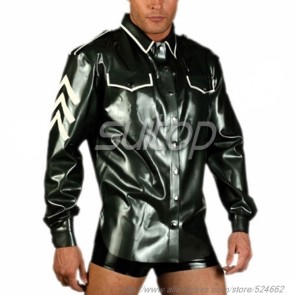 Suitop men's rubber latex casual long sleeve shirt with front buttons in black color