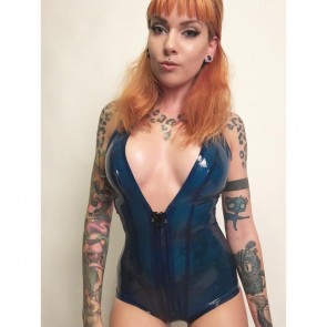 Women's sexy pure handmade rubber latex leotard with front zip in dark blue color