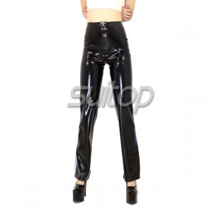 Suitop women's female's rubber pants latex trousers with front zipper in black color