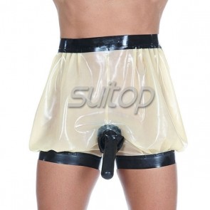 Men's latex riding breeches rubber Lantern shorts with penis condom for adult exotic in clear and black trim