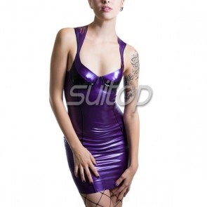Suitop super quality rubber latex tight dress with straps in metallic purple color