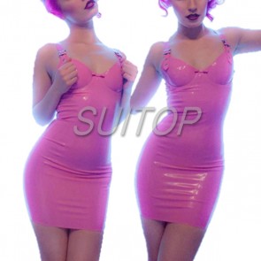 Sexy rubber latex tight mini dress with straps in pink color for lady