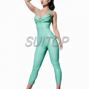 Suitop sexy rubber latex low-cut catsuit with straps in sky blue color for women