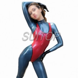 Suitop sexy women's female's rubber latex body & leotards in red and black trim color