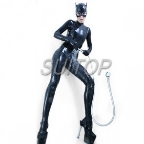 Suitop rubber latex full cover fetish catsuit with hood in black color for women