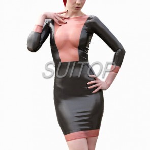 Sexy casual rubber latex long sleeve tight dress in black color for lady