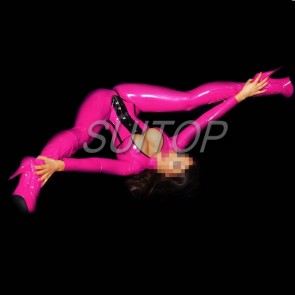 Shiny rubber latex classical catsuit with feet including belt in pink red color for women
