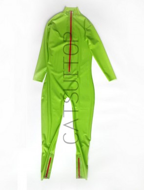 Shiny rubber latex classical catsuit with front zip(leg with red zippers)in applegreen  color for women