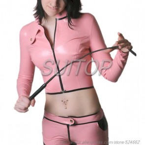 Suitop super quality women's rubber latex high neck t-shirt with front zip in pink with black trim color