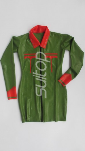 Women's latex army green and red new dress with front zipper and stud collar  CATSUITOP 